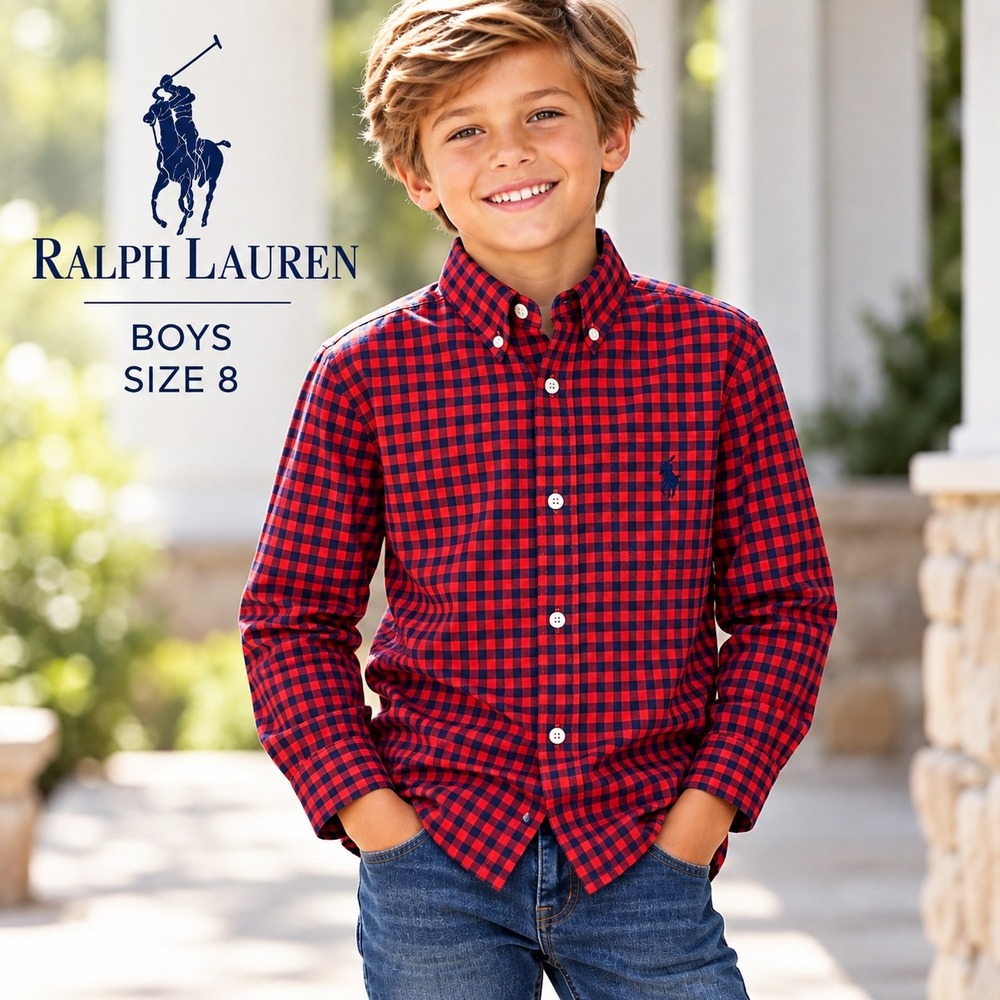 Ralph Lauren Button Down Shirt Boys Size 8 Red Gingham Check Long Sleeve Holiday